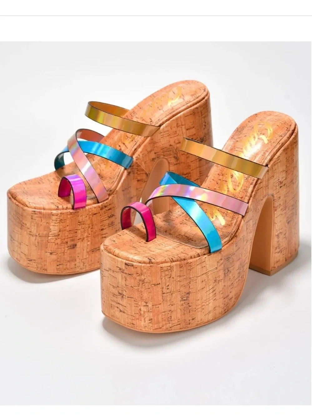 Cape Robbin Women’s Elci Cork 5” Platform Wedges Iridescent Multi-Color Sz 6 NWB